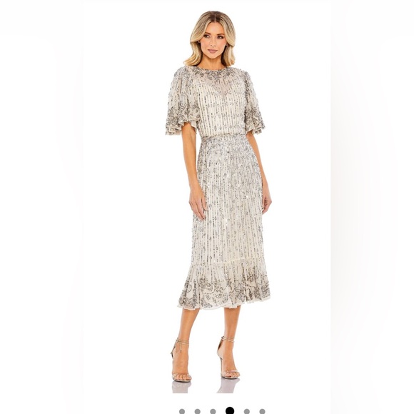 Mac Duggal FLOUNCE SLEEVE MIDI DRESS Color Nude Silver - Picture 1 of 4